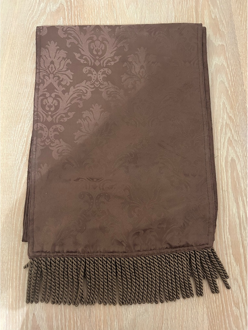 Brown Damask Table Runner with Fringe Vintage Style Fall Thanksgiving Deco